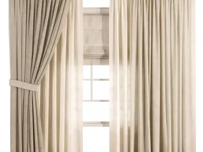Triple Layer Natural Linen Curtain Set 3D model