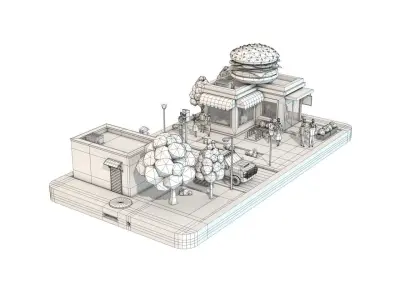Cartoon Burger Cafe on Phone screen Low-poly 3D model