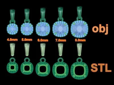 Dainty Diamond Halo Cushion Pendant With Bell Mix Size 3D print model