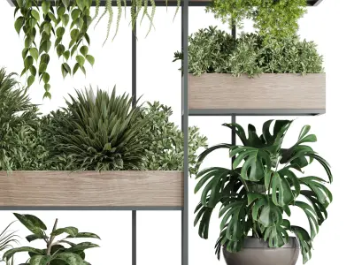 Standing metal shelf with a set of plants in wooden 3D model