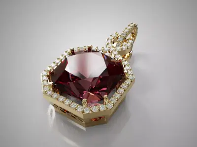 Hexagon Gold Pendant with Red Gemstone and Diamond Halo 3D Print 3D print model
