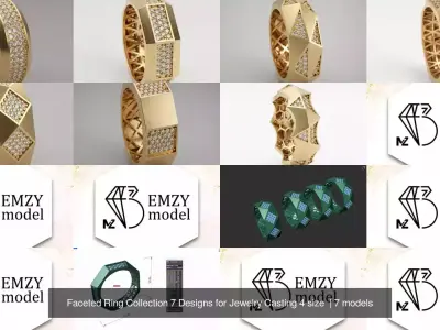 Faceted Ring Collection 7 Designs for Jewelry Casting 4 size  3D Model Pack
