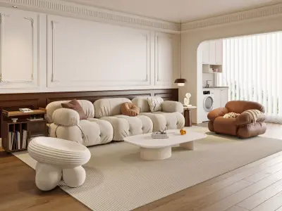 Cozy Modern French Living with Cloud Sofa and Warm Wood 3D model