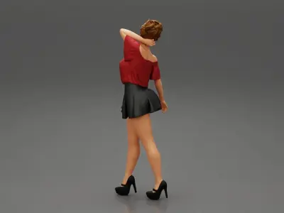 Girl walking wrearing a mini leather skirt and shirt 3D print model