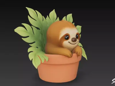 Sloth in Flower Pot Low-poly 3D model