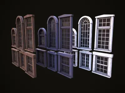 Six wooden windows set Low-poly 3D model