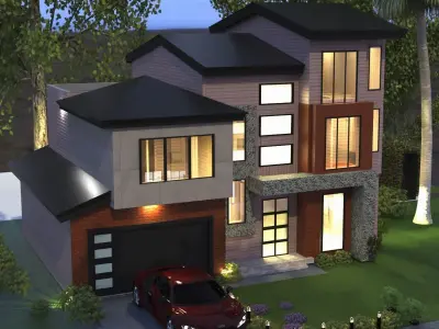 Modern Luxury house Exterior 3D model with environment and a Car Low-poly 3D model