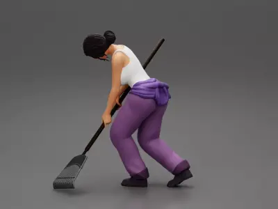 Woman farmer working field with a rake 3D print model