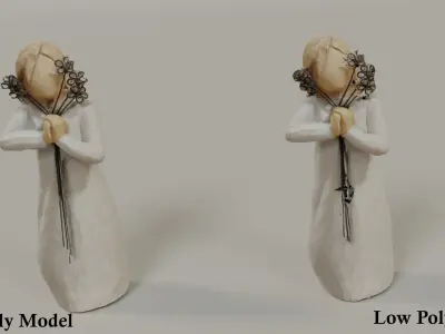 Wooden Flowergirl sculpture  Low-poly 3D model