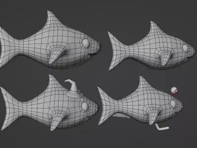 Cartoon Shark Character Bundle Monster Family Low-poly 3D model