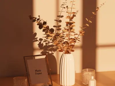 Decorative Set Vase With Golden Flowers 3D model