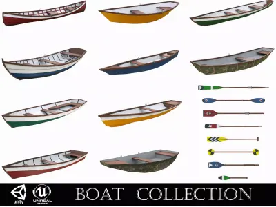 Painted Wooden Boats and Paddles 3D Model Collection