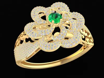 Floral Diamond Ring with Green Gemstone Center 1214 3D print model