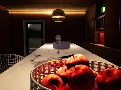 kitchen with wooden cabinets and lighting Free low-poly 3D model
