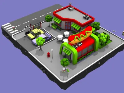 Hot Dog Cafe Block from Cartoon Low Poly City Low-poly 3D model