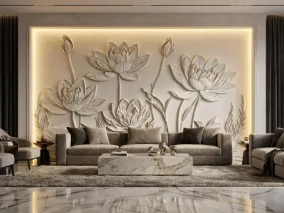 Lotus flowers wall art set relief STL panel carving CNC 260 3D model
