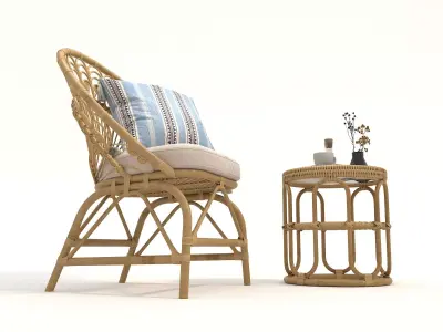 Rattan Coffee Table and Chair Set 5 3D model