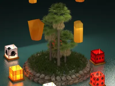 Chinese sky lantern and water lantern 3D model