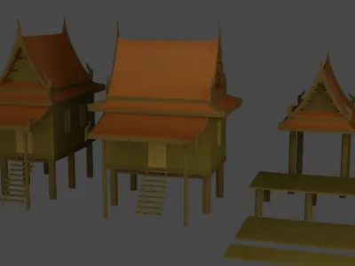  Thai houses and wooden corridors Free low-poly 3D model