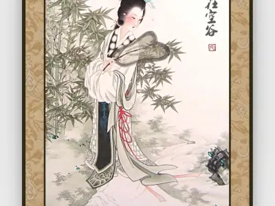 Chinese Hanging Scroll Brush Painting - Lady in Bamboo Grove 3D model