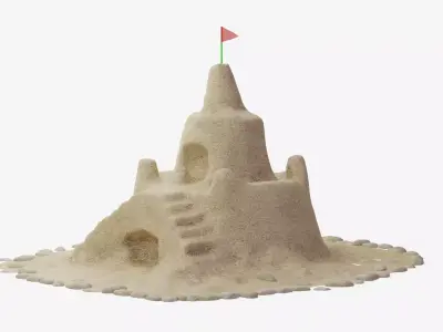 Stylized Sandcastle with Flag and Pebble Border 3D model