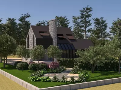 Modern Stone and Wood Luxury Villa with Pool full 3d scene Low-poly 3D model