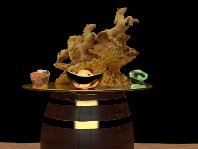 Chinese gold ingot with golden horse statue  3D model