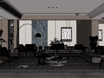 Modern Luxury Living Room with Modular Sofa and Artistic Details 3D model