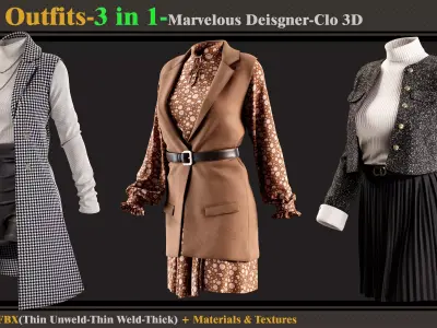 3 in 1 Girls Outfits-MD-Clo3d-OBJ-FBX-ZPRJ-Materials-Textures 3D model