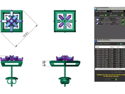 Square Baguette Diamond Stud Earrings 3D print model