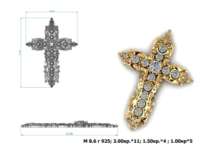 G0440 gold cross with diamonds 3D print model