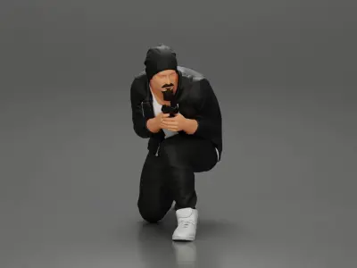 Gangster in jacket sitting holding a gun hides behind the car 3D print model