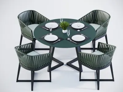 3D Rounded table and 4 rope chairs 3D model