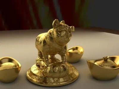 Chinese gold ingot with golden pig 3D model