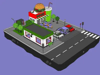 Burger Cafe Block from Cartoon Low Poly City Low-poly 3D model