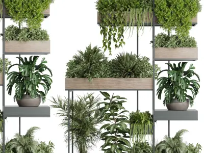 Standing metal shelf with a set of plants in wooden 3D model