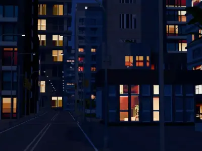 City Downtown Skyscraper Street 02 - NIGHT Low-poly 3D model
