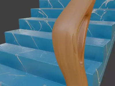Blue Marble Staircase with Organic Wooden Handrails 3D model