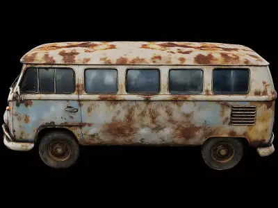 Vintage Mini Bus Rusted Retro Transport Van Game Ready PBR Low-poly 3D model