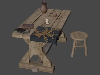 Medieval Wood Table with environment - Game ready 3D model Low-poly 3D model