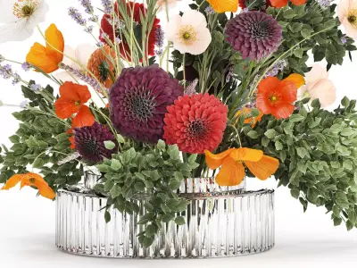 Realistic bouquet flowers poppy lavender branches vase 630 3D model