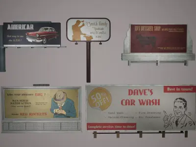 Billboard Set Low Poly Game Ready american car advertising Low-poly 3D model