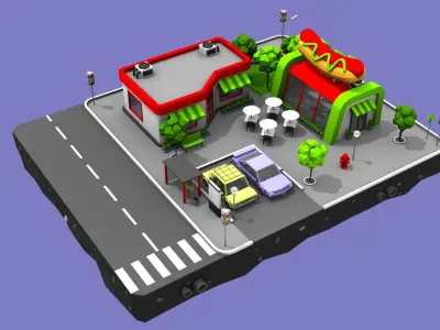 Hot Dog Cafe Block from Cartoon Low Poly City Low-poly 3D model