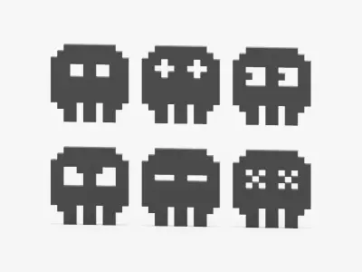 Pixelated 8 Bit Skull Icons Set Low-poly 3D model