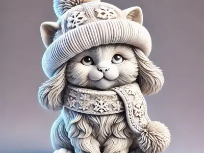 Winter Fluffy Cat Sculpture 3D print model