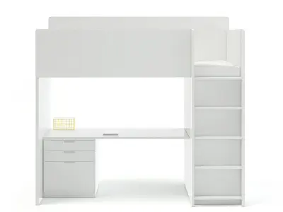 White Bunk Bed with Desk 3D model