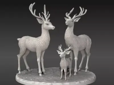 Winter Deer Family 3D Model Christmas Print-Ready Low-poly 3D model