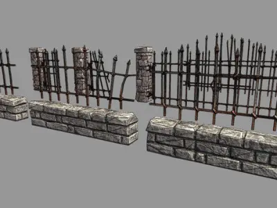 Stone Fence and Gates Low-poly 3D model