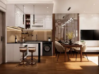 Apartment modern kitchen and dining room in 3D model