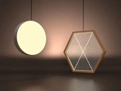 Neon Set pendant light with hexagonal shape hanging from it 3D model